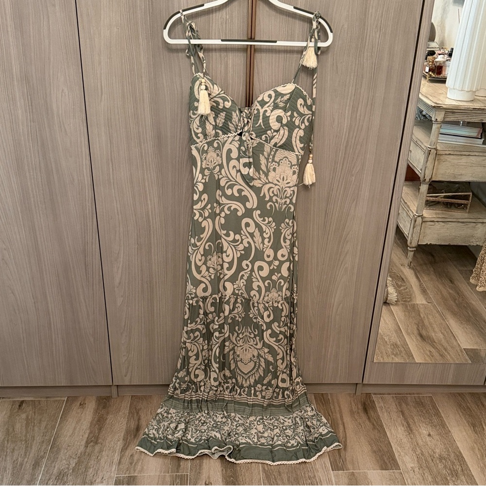 Studio F Sage and Cream Printed Maxi Dress with Tassel Straps
